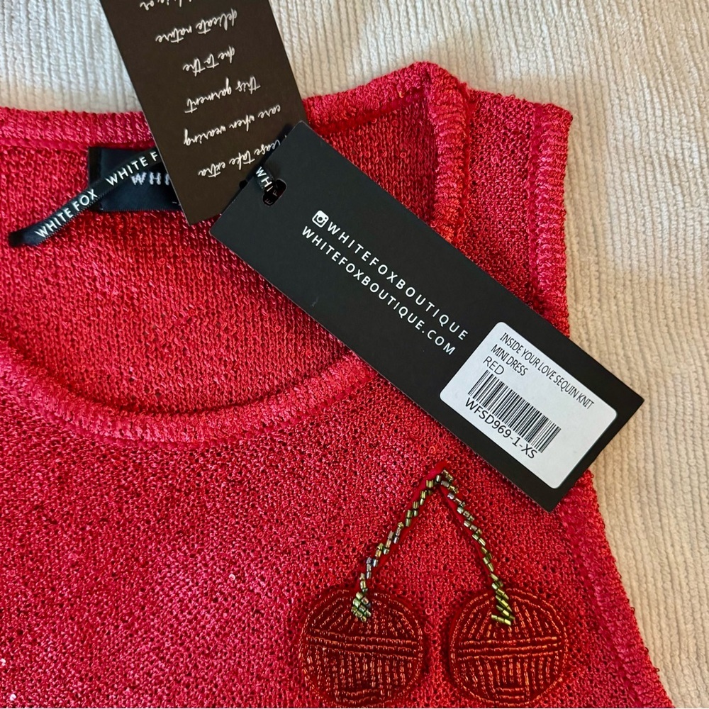 NWT White Fox Boutique Dress Inside Your Love Red Cherry Sequin Knit Crochet XS - Picture 7 of 9